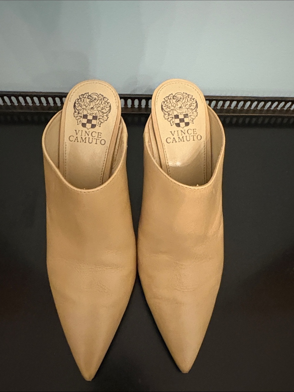 Vince Camuto Pointed-Toe Slip-On Mules in Beige
